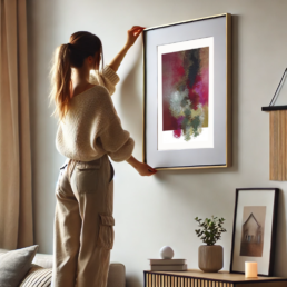 Mujer decorando un espacio moderno con cuadro abstracto en tonos rojos y verdes, creando un ambiente acogedor y artístico.