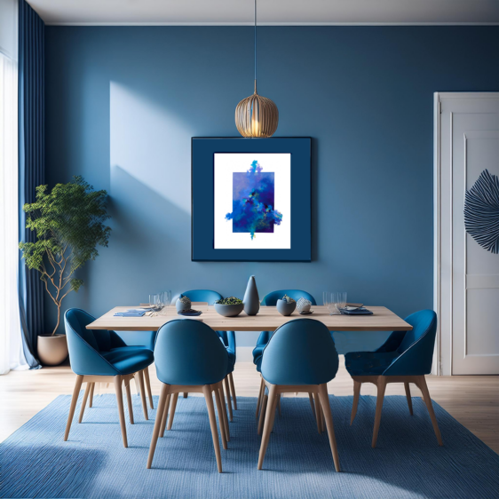 Comedor moderno en tonos axzules profundos, con cuadro abstracto en azules y dorados, creando yn ambiente a la vez elegante y funcional.