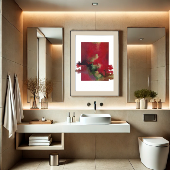 Baño moderno con decoración minimalista en tonos neutros y cuadro abstracto en tonos rojos, añadiendo un toque artístico al espacio.