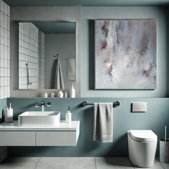 Baño moderno en tonos neutros y verdes con un cuadro abstracto, creando un ambiente elegante y sereno ideal para la relajación.