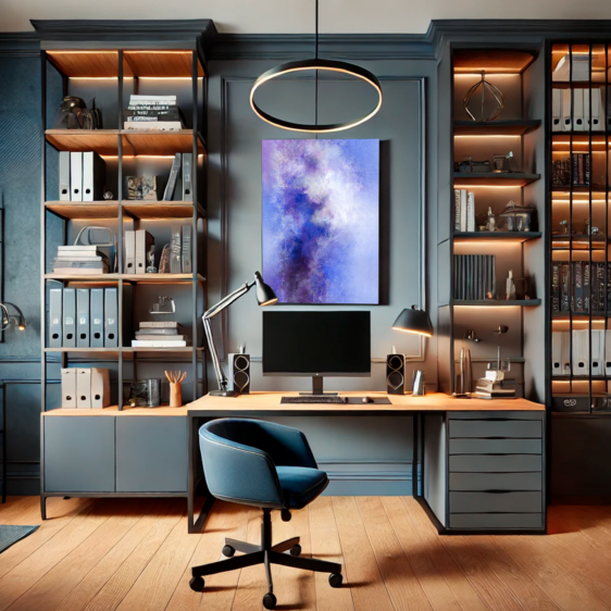 Espacio de trabajo organizado y moderno con decoración en grises profundos y cuadro abstracto en tonos y malvas y azules que inspira creatividad y serenidad.