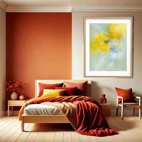 Dormitorio cálido y acogedor decorado en tonos tierra y con un cuadro abstracto en amarillo y verde, creando un ambiente relajante y lleno de color.