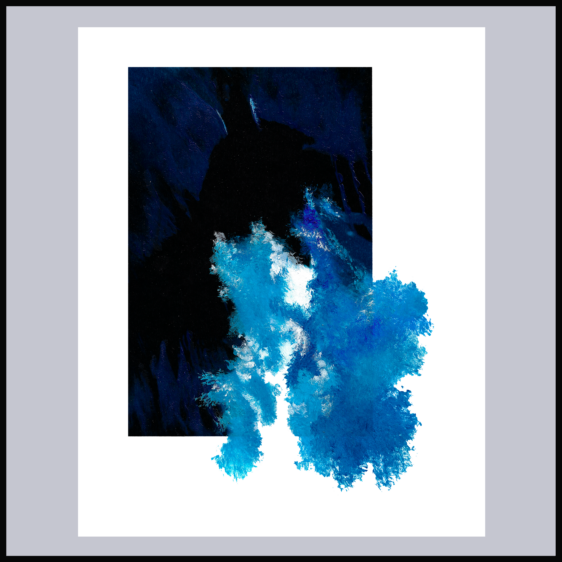 Susurro Azul es una obra abstracta que combina tonos azules y oscuros, evocando una atmósfera de serenidad y misterio, ideal para espacios tranquilos.