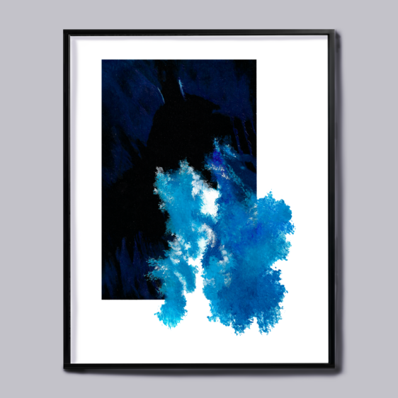 Susurro Azul es una obra abstracta que combina tonos azules y oscuros, evocando una atmósfera de serenidad y misterio, ideal para espacios tranquilos.