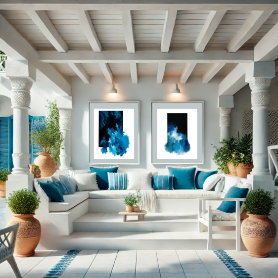 Terraza decorada con estilo mediterráneo, con cuadros abstractos azules y detalles en cerámica y madera blanca.