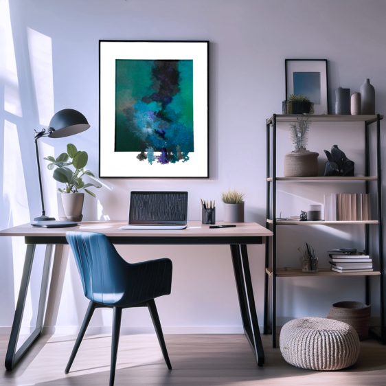 Espacio de trabajo organizado y moderno con decoración minimalista y cuadro abstracto en tonos verdes y azules que inspira creatividad.