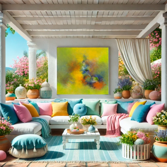 Terraza colorida y acogedora con cojines y decoración floral, destacando un cuadro abstracto en tonos vivos de amarillo y verde, ideal para un ambiente alegre y vibrante.