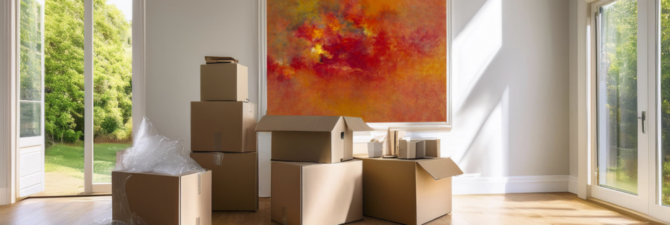 Salón luminoso y abierto, lleno de cajas de mudanza con pared al fondo con cuadro abstracto rojo
