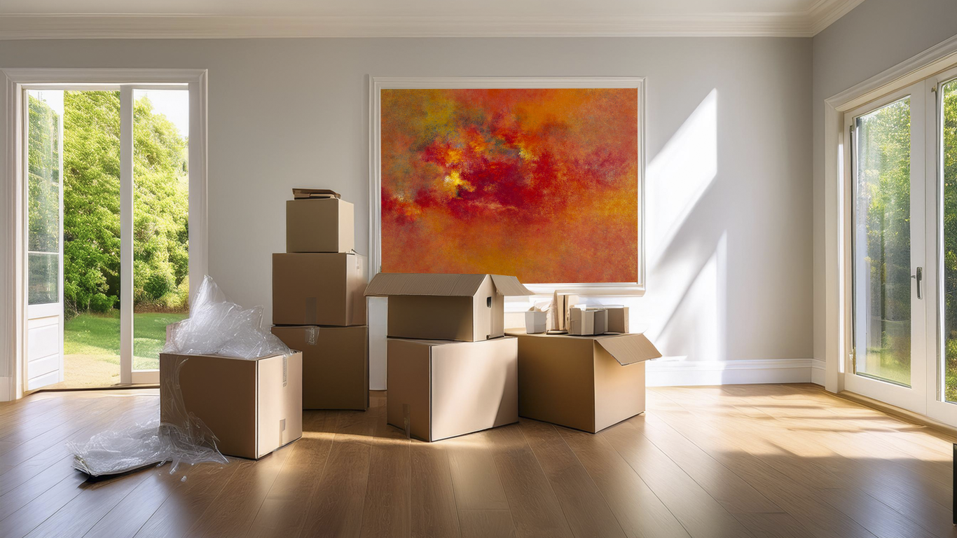 Salón luminoso y abierto, lleno de cajas de mudanza con pared al fondo con cuadro abstracto rojo