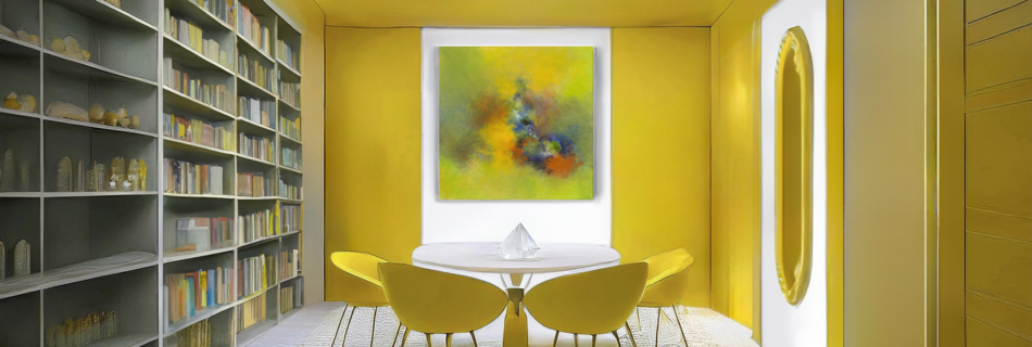 Salón moderno en verdes y amarillos con pared al fondo para cuadro abstracto