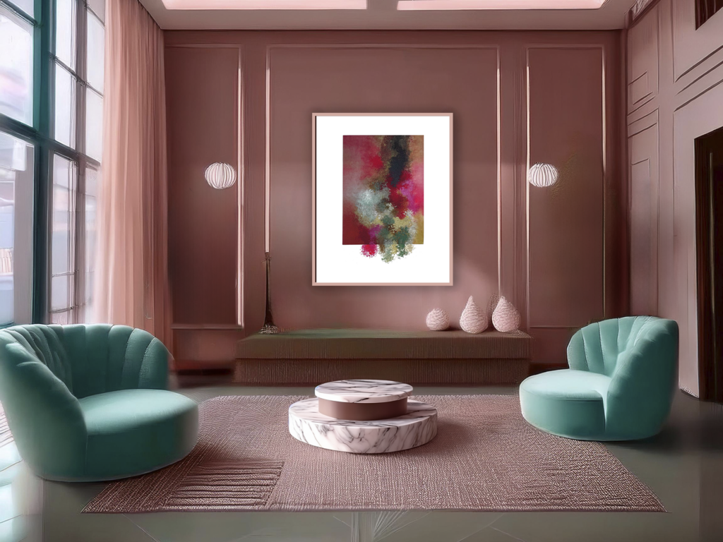 Espacio en rosas palo cn mobiliario moderno en verde manzana con cuadro abstracto en tonos cálidos