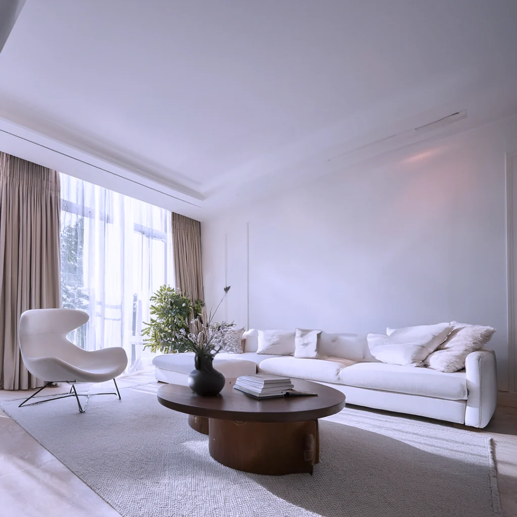 Sala minimalista en tonos blancos